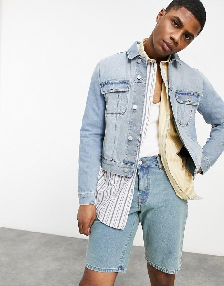 Asos Design Cropped Denim Jacket In Mid Wash Blue-blues