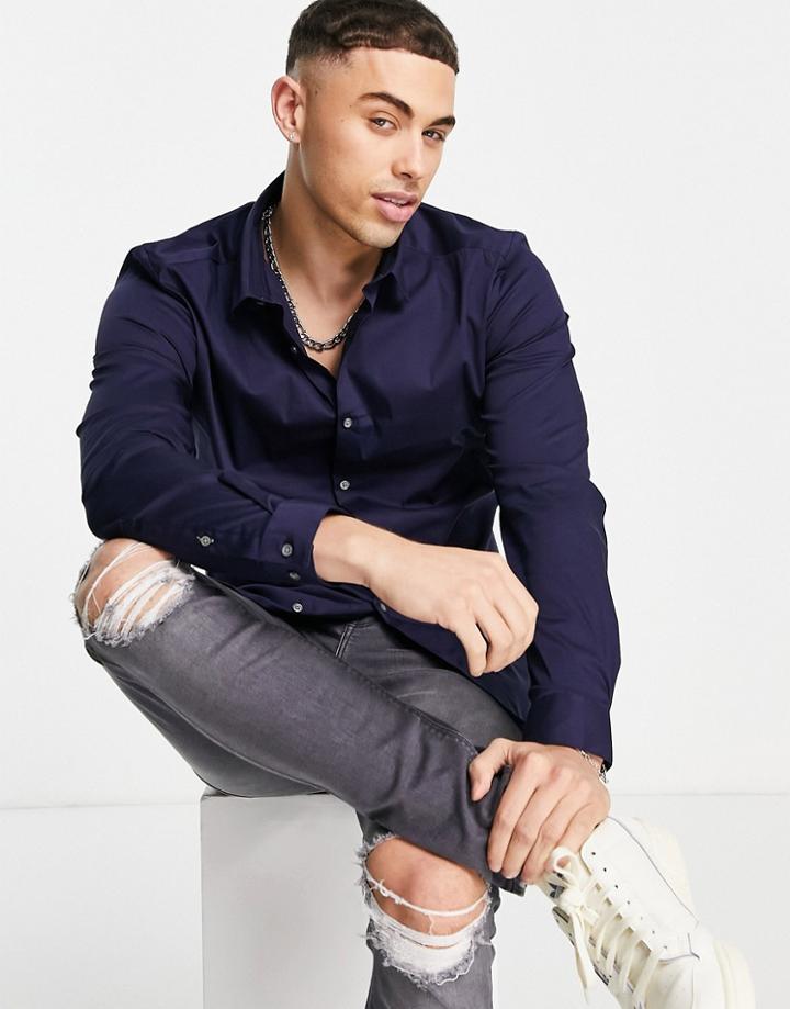 River Island Long Sleeve Smart Muscle Fit Shirt In Navy