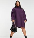 Asos Design Curve Super Soft Turned Cuff Roll Neck Mini Sweater Dress In Aubergine-purple
