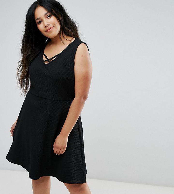 New Look Curve Lattice Front Skater Dress - Black