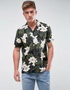 New Look Regular Fit Shirt With Revere Collar In Floral Palm Print - Black