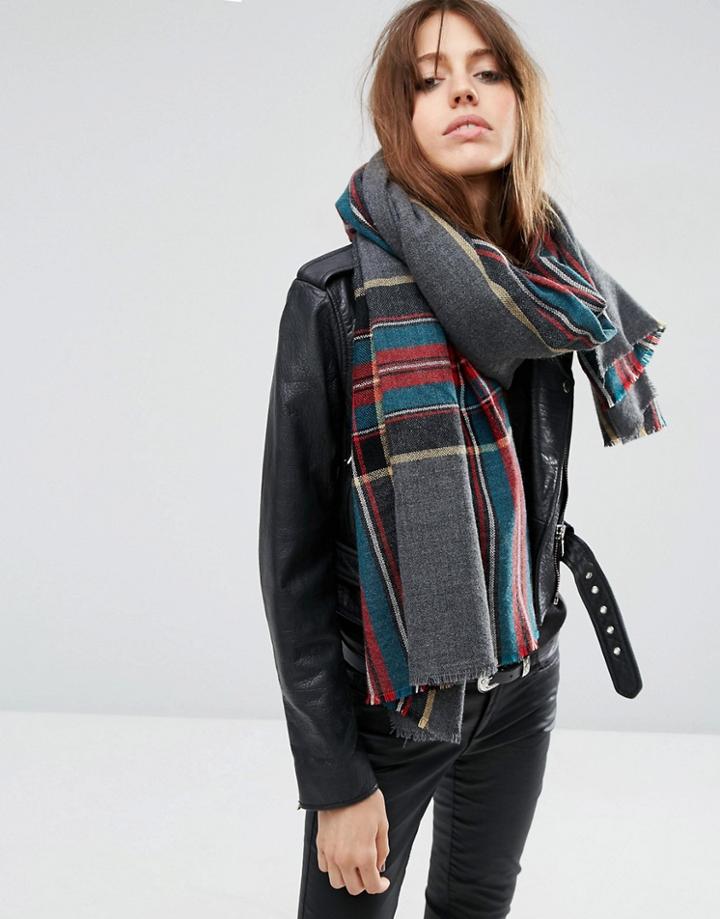 Asos Oversized Lightweight Scarf In Gray Border Plaid - Gray