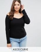 Asos Curve Off Shoulder V Front Fitted Top - Black