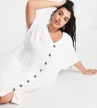 Asos Design Curve V Neck Button Through Mini Smock Dress In White