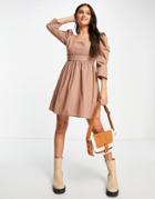 Asos Design Cotton Square Neck Mini Dress With Gathered Corset Waist In Mocha-brown