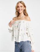 Asos Design Off-shoulder Top With Embroidery In Cream-white