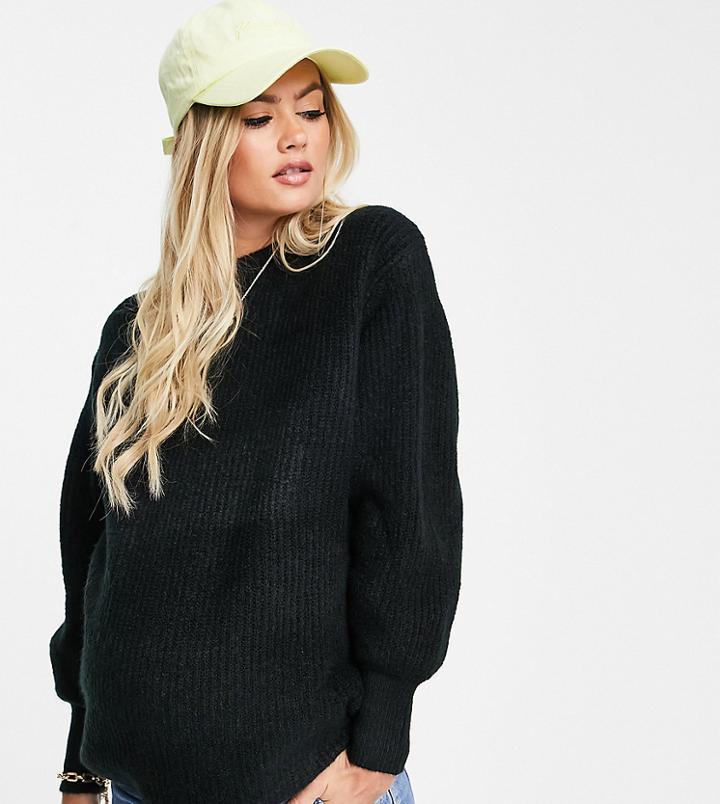 Asos Design Maternity Crew Neck Sweater In Rib With Fluffy Yarn In Black