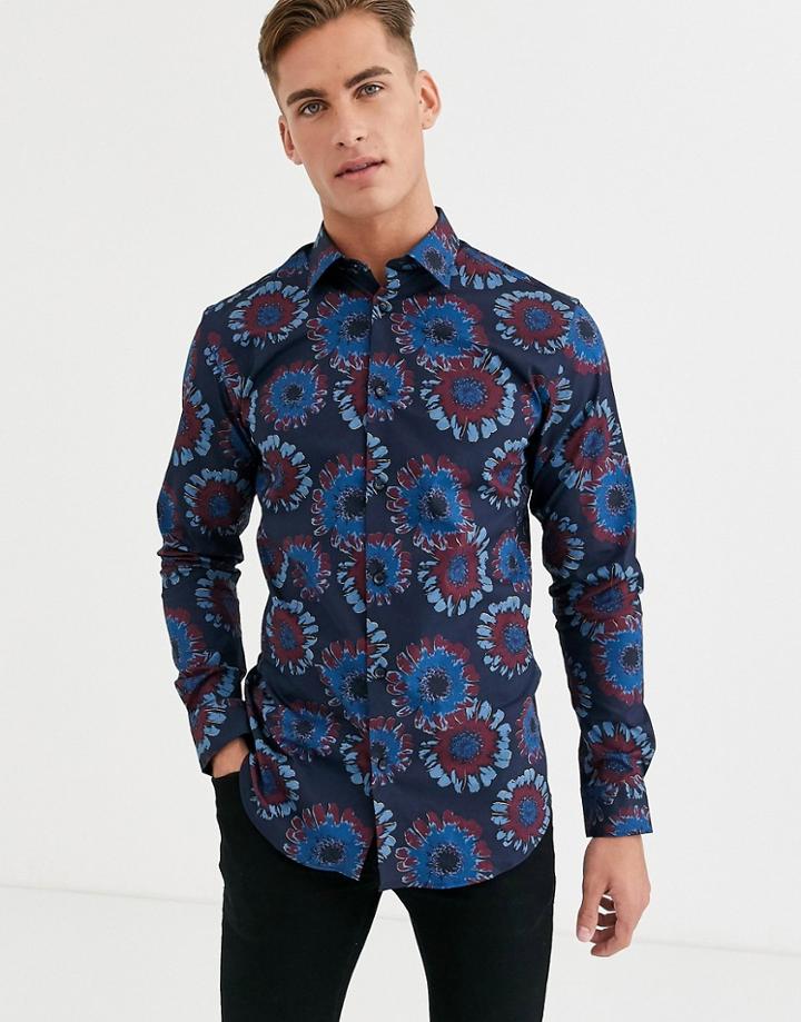 Selected Homme Slim Fit Geo Floral Print Shirt In Navy