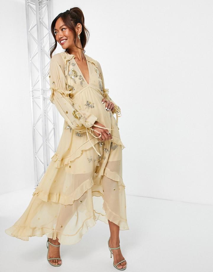 Asos Design A-line Midi Dress With Cluster Embellishment In Gold