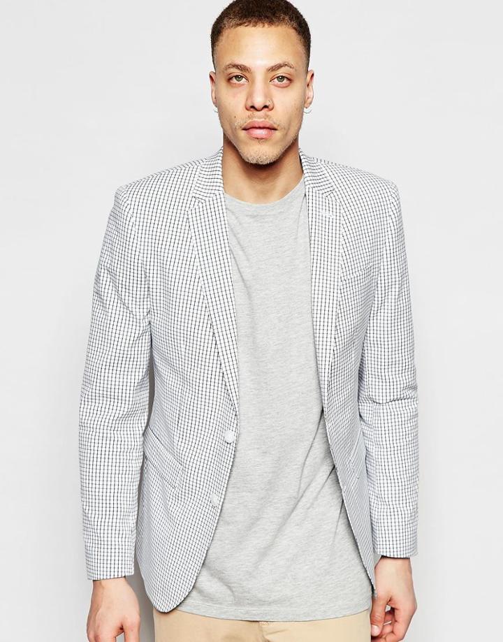 Asos Slim Blazer In White Check - White