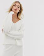 Asos Design Fluffy V Neck Ribbed Sweater With Balloon Sleeve In Recycled Blend-cream
