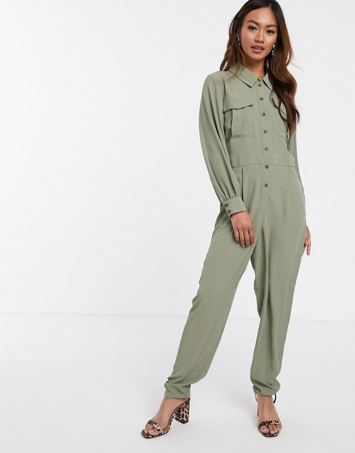 Asos Design Long Sleeve Military Shirt Jumpsuit-green