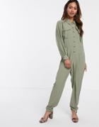 Asos Design Long Sleeve Military Shirt Jumpsuit-green