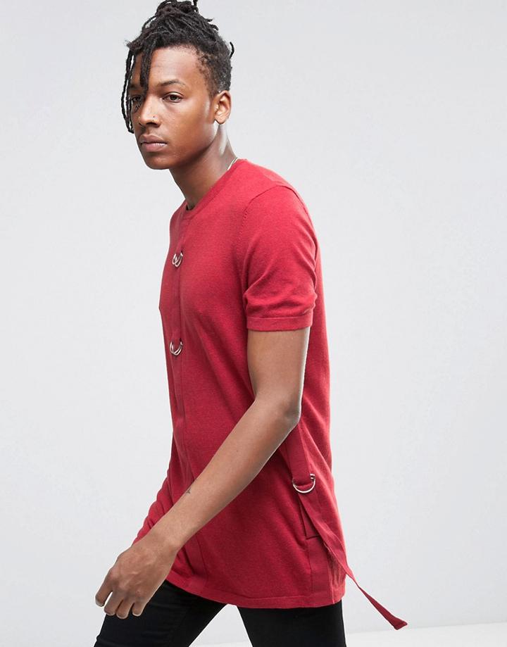 Asos Longline Knitted T-shirt With D Rings - Red