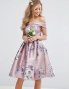 Chi Chi London Off Shoulder Satin Midi Dress In Floral Print - Multi