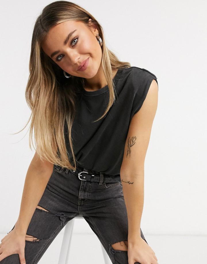 Pull & Bear Padded Shoulder T-shirt In Washed Black