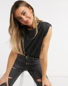 Pull & Bear Padded Shoulder T-shirt In Washed Black
