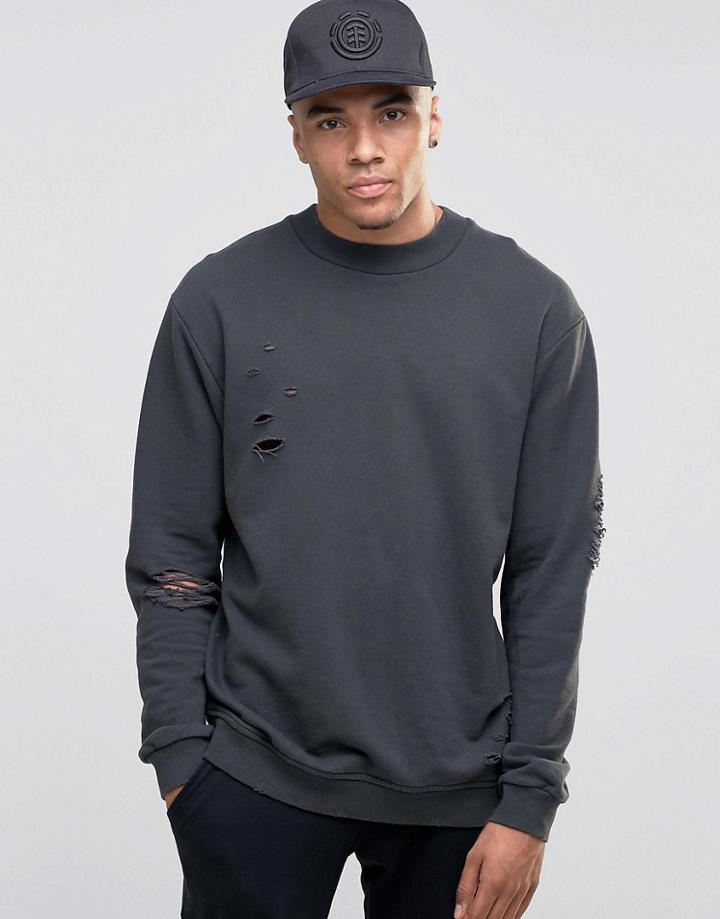 Jack & Jones Crew Neck Sweat With Drop Shoulder And Distressed Detail - Asphalt