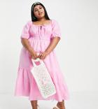 Yours Square Neck Midi Dress With Puff Sleeves In Pink Gingham