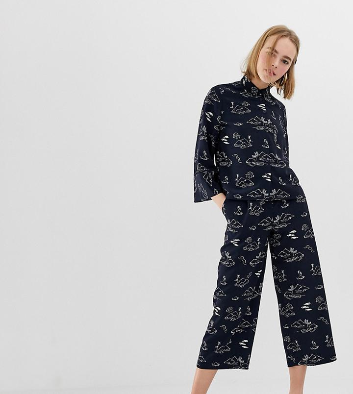 Monki Island Print Cropped Wide Leg Pants In Navy