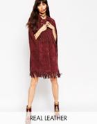 Asos Cape In Suede With Fringe Detail - Berry
