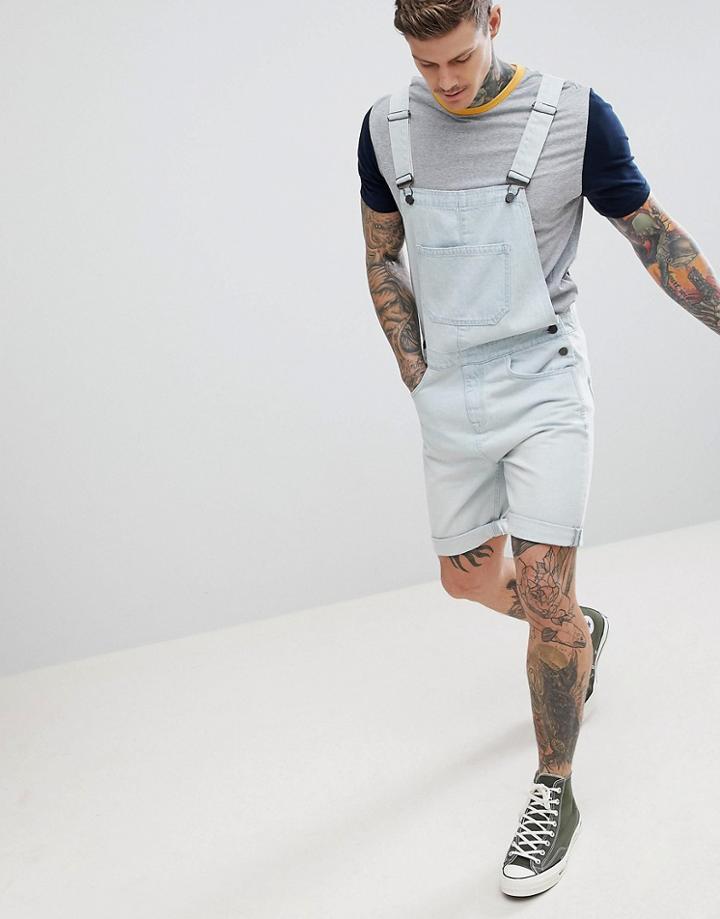 Asos Design Denim Short Overalls In Light Wash Blue - Blue