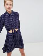 Asos Design Tie Front Shirt Mini Dress In Spot - Multi