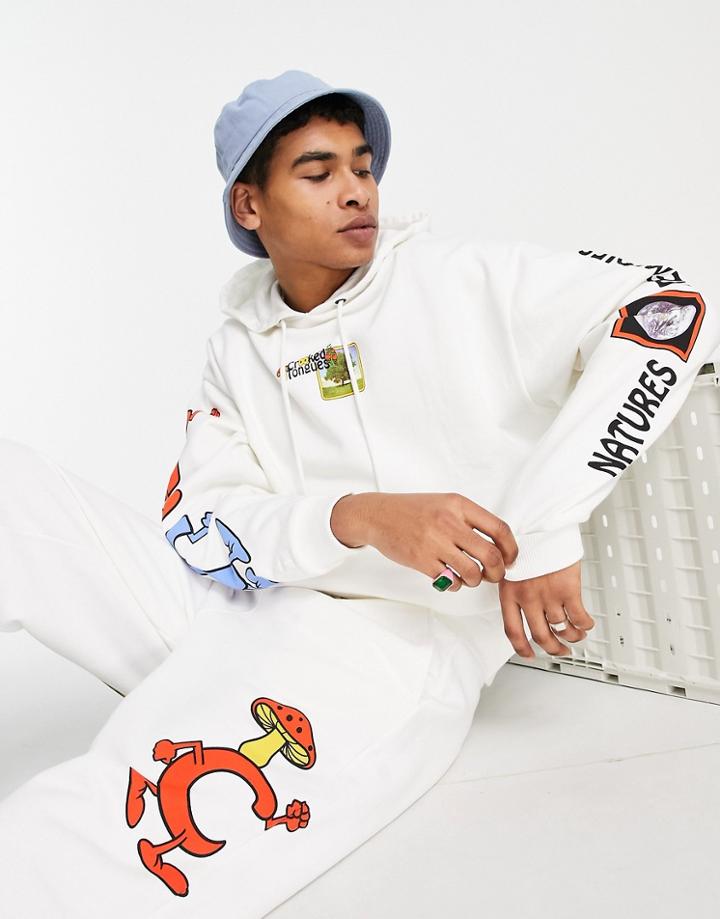 Crooked Tongues Oversized Hoodie With Tree Top Multi Print Graphics In White - Part Of A Set