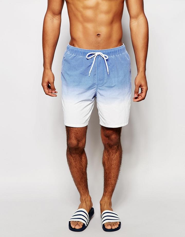 Asos Mid Length Swim Shorts In White With Acid Wash Dip Dye - Blue