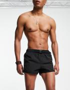 Asos Design Runner Swim Shorts With Belt Fastening In Black