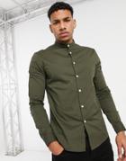 Asos Design Skinny Fit Shirt With Band Collar In Khaki-green