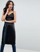 Asos Longline Satin Cami With Lace Detail - Black