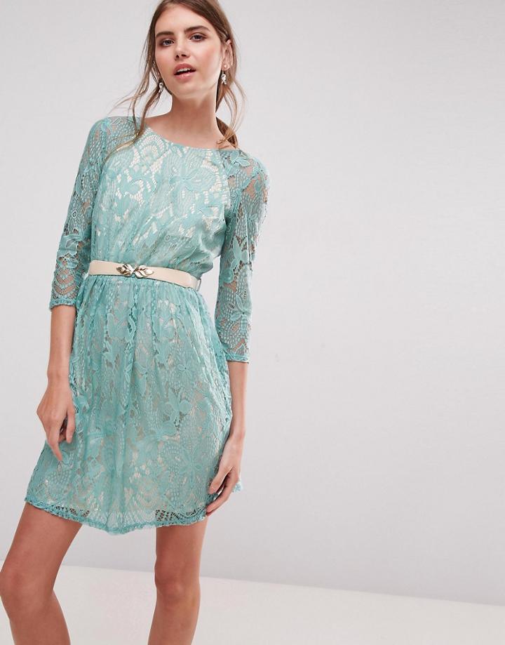 Little Mistress Lace Mini Dress With Belt - Green