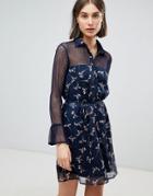 Lavand Floral Shirt Dress With Sheer Panels - Blue