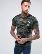 Brave Soul Butterfly Embroidered Camo T-shirt - Green