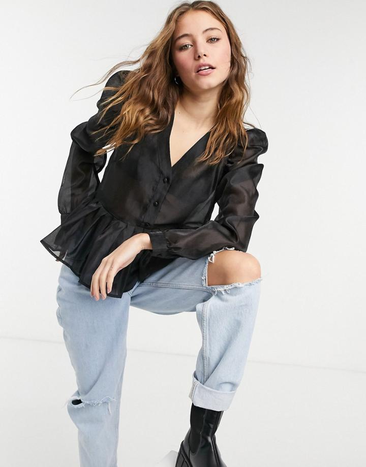 Pieces Organza Blouse With Volume Sleeves And Peplum In Black