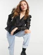 Pieces Organza Blouse With Volume Sleeves And Peplum In Black