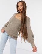 Asos Design Sweater With Square Neck And Volume Sleeve In Taupe-neutral