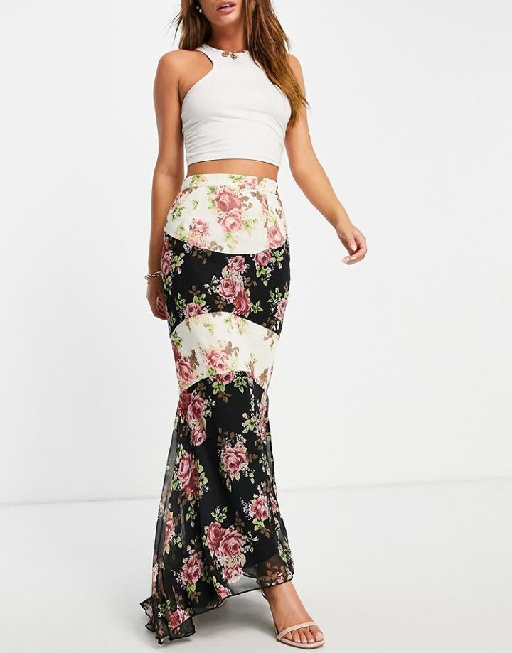 Asos Design Fishtail Maxi Skirt In Spliced Floral Print-multi