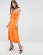 Asos Design Slinky Midi Sundress With Waist Ruffle - Orange