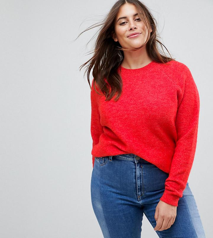 Asos Curve Sweater In Fluffy Yarn With Crew Neck - Red