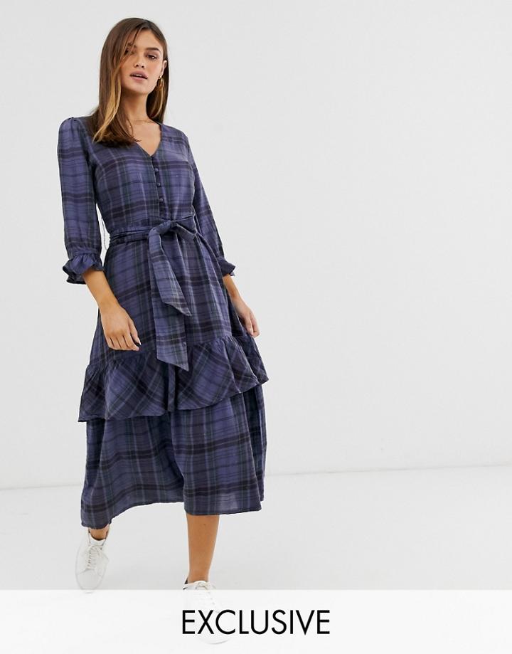 Y.a.s Check Midi Dress With Waist Tie Details-navy