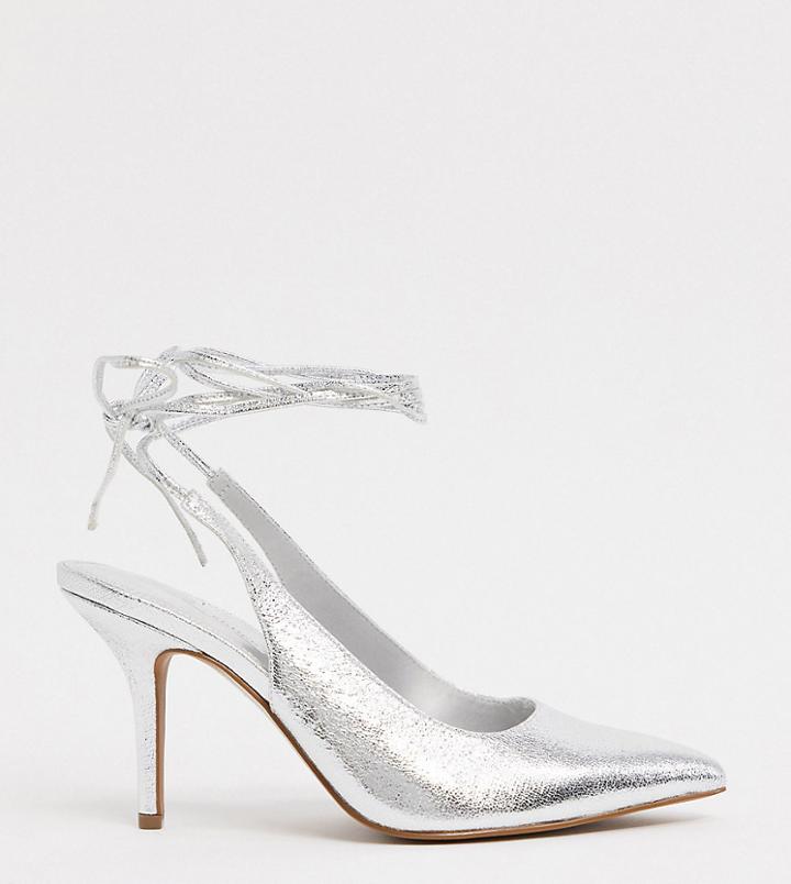 Asos Design Wide Fit Witney Tie Leg Mid-heels In Silver