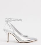 Asos Design Wide Fit Witney Tie Leg Mid-heels In Silver