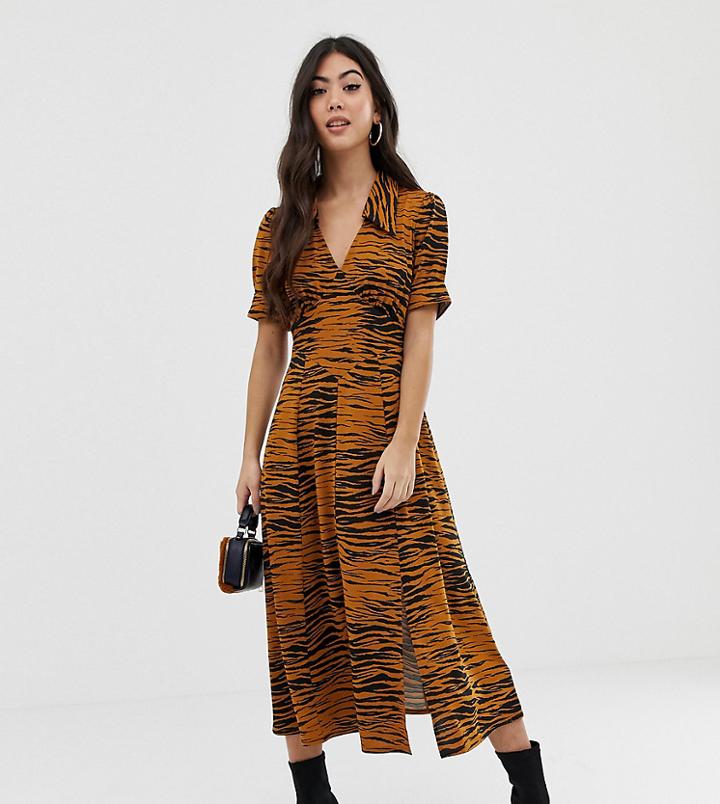 Asos Design Petite Animal Print Midi Tea Dress-multi