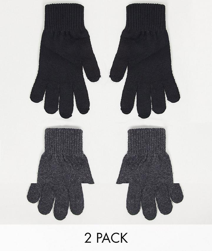 Asos Design 2 Pack Touch Screen Gloves In Polyester In Black And Charcoal-grey