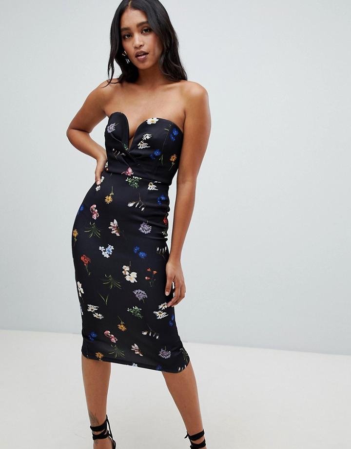 Asos Design Bandeau U Bar Bodycon Midi Dress In Print - Multi
