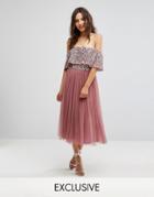 Maya Bardot Midi Dress In Tonal Delicate Sequin With Tulle Skirt - Red