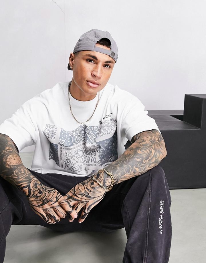 Asos Dark Future Oversized Heavyweight T-shirt With Paisley Graphic And Gloss Print In White