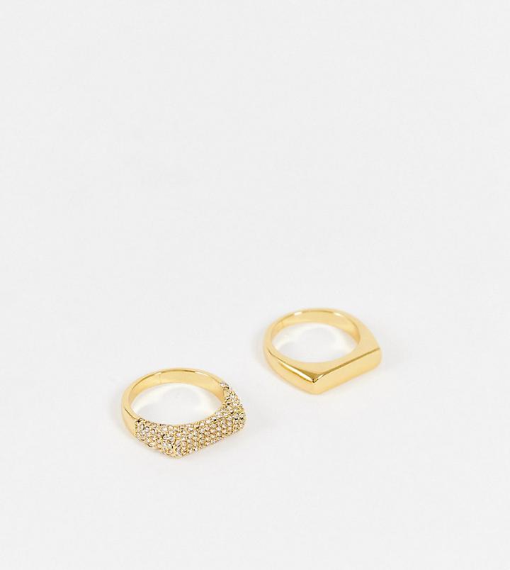 Asos Design 14k Gold Plated Pack Of 2 Rings In Smooth And Crystal Bar Designs